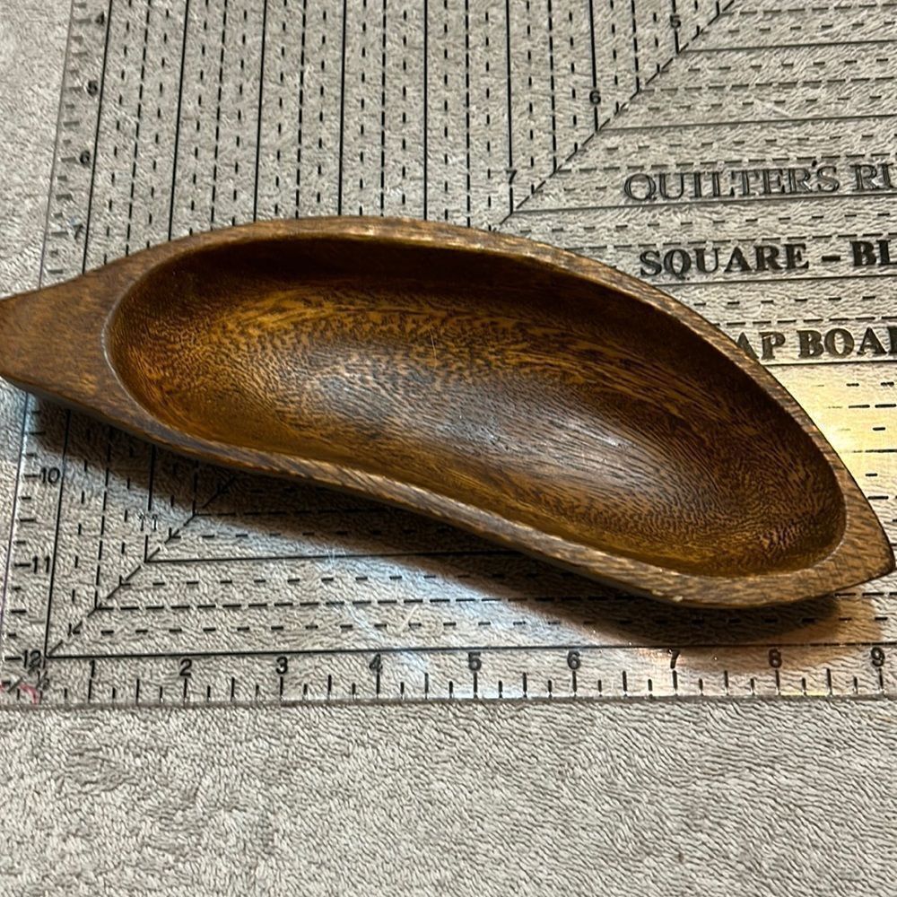 Vintage monkey pod, carved trinket tray, banana shape